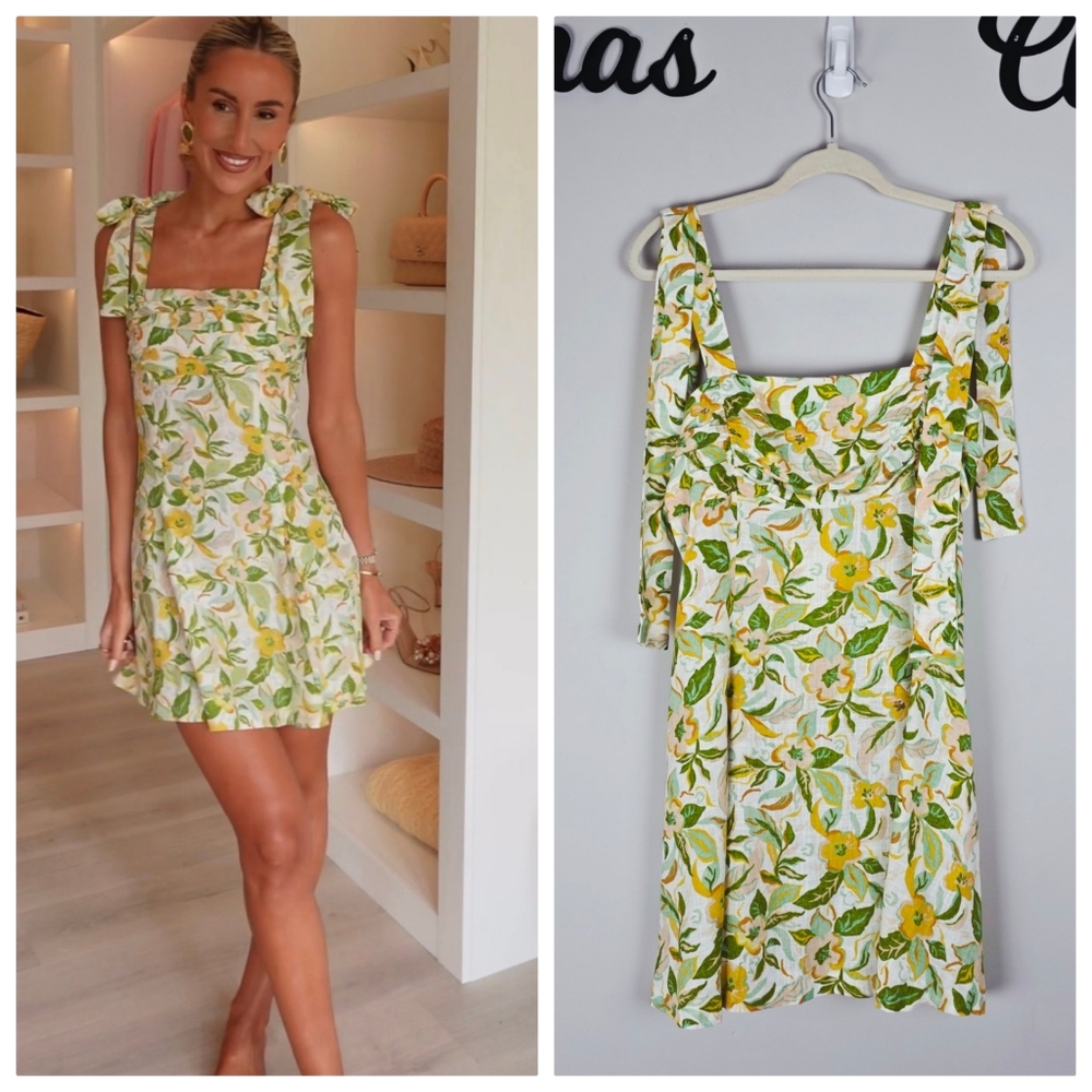 ZARA Floral Print Linen Blend Short Tie Straps Mini Dress Size Large NWT